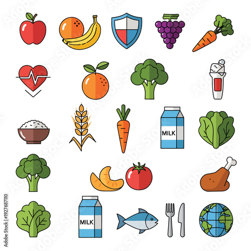 Assorted Healthy Food and Nutrition Icons.