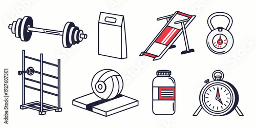 A collection of fitness and health icons including dumbbells, a scale, and an alarm clock. Vector