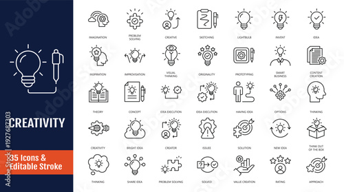 Creativity icon set. Icons related to Creative, idea, design, imagination, innovation, inspiration, originality, and more. Outline icon with Editable stroke. Vector illustration
