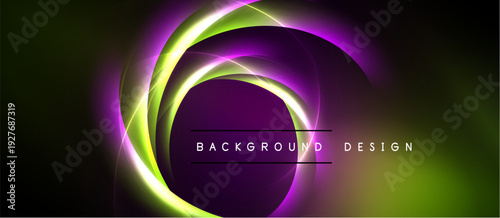 Abstract glowing lines form circular shapes. Dark background contrasts vibrant purple, green hues. Text reads background design.