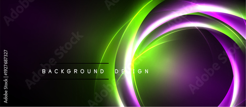 Bright neon curves form abstract design. Purple, green hues dominate dark background. Text reads background design. Modern, vibrant visual.