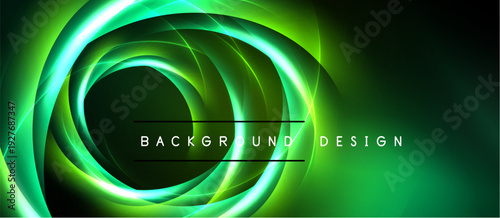 Abstract green swirls create dynamic background. Bright lines radiate from central point, forming circular patterns. Text reads background design.