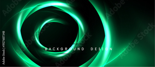 Abstract swirling green light forms dynamic circular pattern. Dark background emphasizes glowing energy, modern design element.