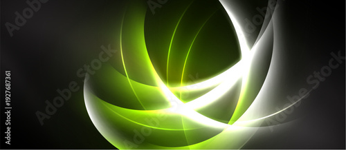 Abstract design features glowing curves, vibrant green hues, dynamic light effects. Dark background emphasizes bright shapes, creating modern aesthetic.