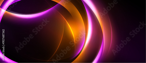 Abstract design features vibrant orange, purple curves. Smooth gradients create dynamic, flowing visual effect. Dark background enhances luminosity.