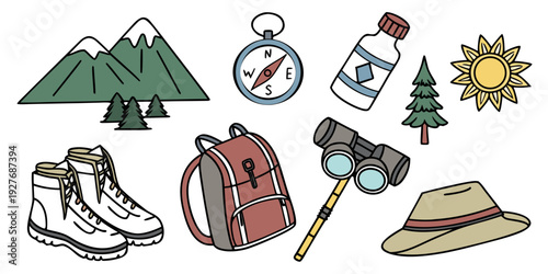 Outdoor adventure gear including hiking boots, backpack, and compass displayed on a map. Vector