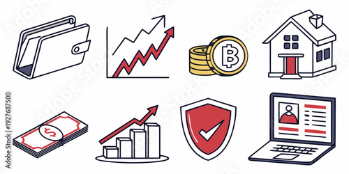 Icons representing various aspects of business and finance, including growth, security, and technology. Vector