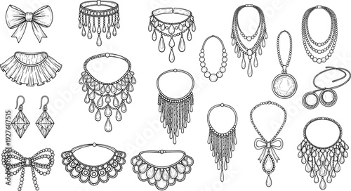 Vintage Jewelry Necklace Earrings and Pendant Collection Elegant Accessories Vector Illustration Set Isolated on Light Background