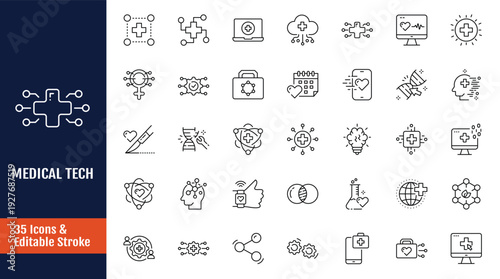 medical tech icon set. Icons related to digital health apps, patient care, monitoring systems, UI UX interfaces and more. Outline icon with Editable stroke. Vector illustration