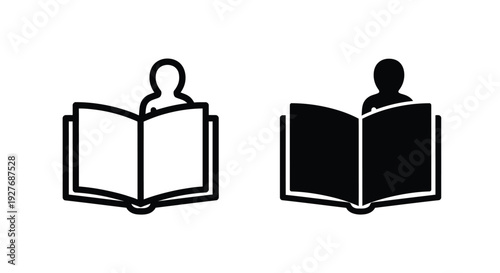 Collection of two simple vector graphic icons illustrating a silhouette of a person reading an open book in outline and solid styles