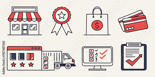 Illustration of various business and delivery icons representing e-commerce and logistics Vector