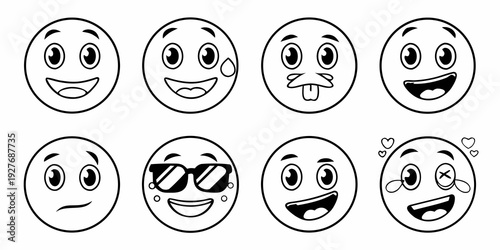 Eight distinct faces each with a unique expression and emotion. Vector