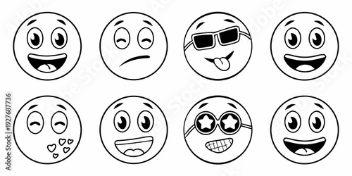 A collection of eight expressive faces showcasing various emotions and expressions Vector