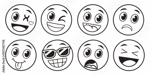 A collection of eight different facial expressions depicted in simple, black and white circles. Vector