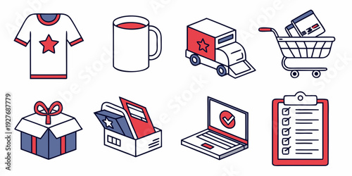 Illustrations of various items and icons related to shopping and commerce Vector