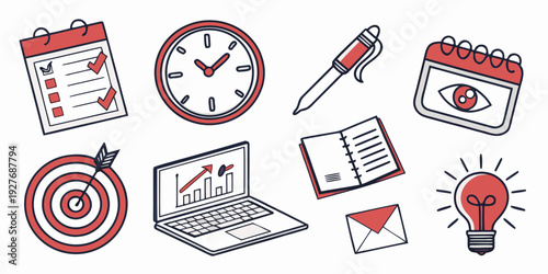 A collection of tools and symbols representing productivity and time management Vector