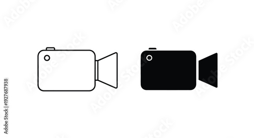 Simple vector graphic illustration set featuring two distinct styles of classic video camera icons perfect for recording media interfaces
