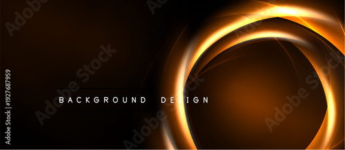 Dark background features glowing orange circular layers. Modern design elements create dynamic visual impact. Text reads background design.