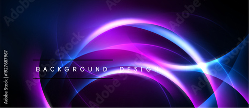 Abstract neon curves, vibrant purple, blue hues. Dynamic flowing lines create futuristic background design. Dark space surrounds bright elements.
