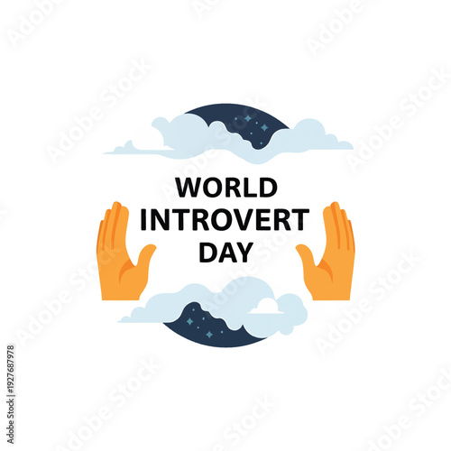 World Introvert Day Graphic with Hands and Clouds.