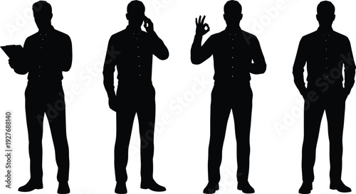 Black-and-white vector silhouette illustration of four individuals in varied poses, holding clipboard, mimicking phone call, making “OK” gesture, and standing with hands in pockets