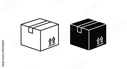 Modern vector graphic illustration showcasing two different isometric cardboard boxes, one presented as a line art outline and the other as a solid filled icon, both featuring up arrows.