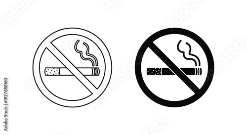 Collection of vector graphic icons clearly illustrating no smoking prohibition signs in both outline and solid styles