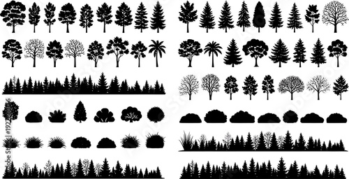 Diverse Collection of Tree, Bush, and Forest Line Silhouettes on White Background