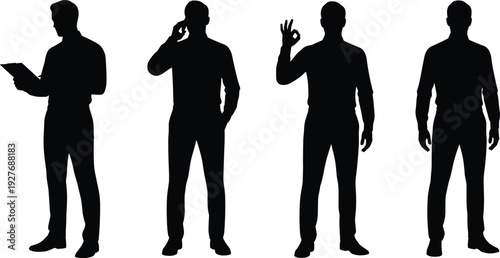 Black-and-white vector silhouette illustration of four individuals in varied poses, holding clipboard, mimicking phone call, making “OK” gesture, and standing in neutral posture