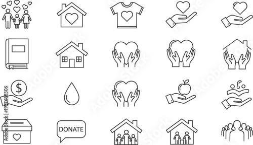 Charity and Donation Line Icon Set with Volunteer Support Community Care and Fundraising Outline Symbols Collection