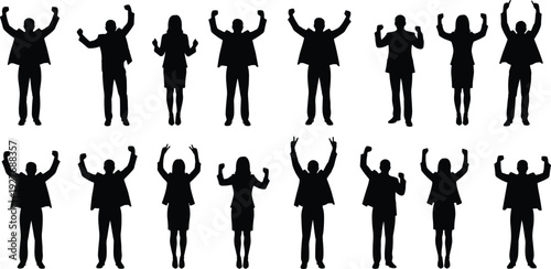 Black-and-white vector silhouette illustration of sixteen diverse individuals with raised arms in celebratory poses, symbolizing success, achievement, teamwork, and motivational victory themes