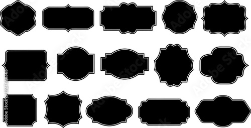 Collection of diverse black vintage decorative frames and labels with white outlines