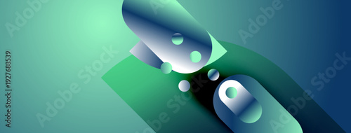 Abstract composition. Smooth gradients, curved shapes create dynamic visual flow. Cool color palette dominates scene. Minimalist design.