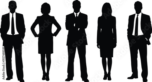 Black-and-white vector silhouette illustration of five business professionals in suits and skirts, standing in formal poses, symbolizing corporate diversity, teamwork, and leadership