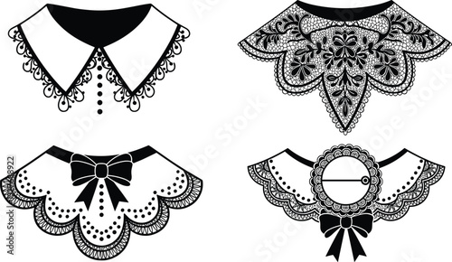 Black-and-white vector illustration of four decorative collar designs with lace, scalloped edges, bows, floral patterns, and brooch embellishments for fashion and textile design