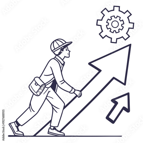 A worker pushing a large arrow upward with a gear above