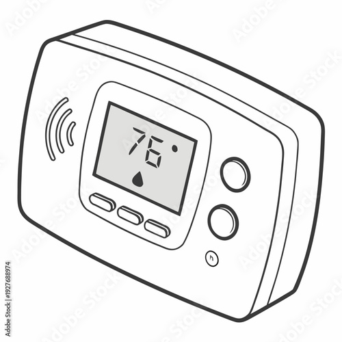 A thermostat with a digital display showing 76 degrees