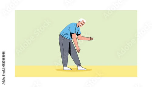 Elderly man experiencing back pain in casual outfit