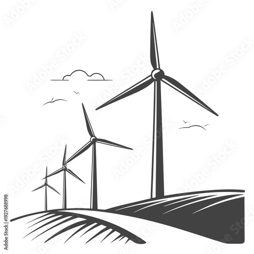 Wind turbines on a hill with clouds in the background