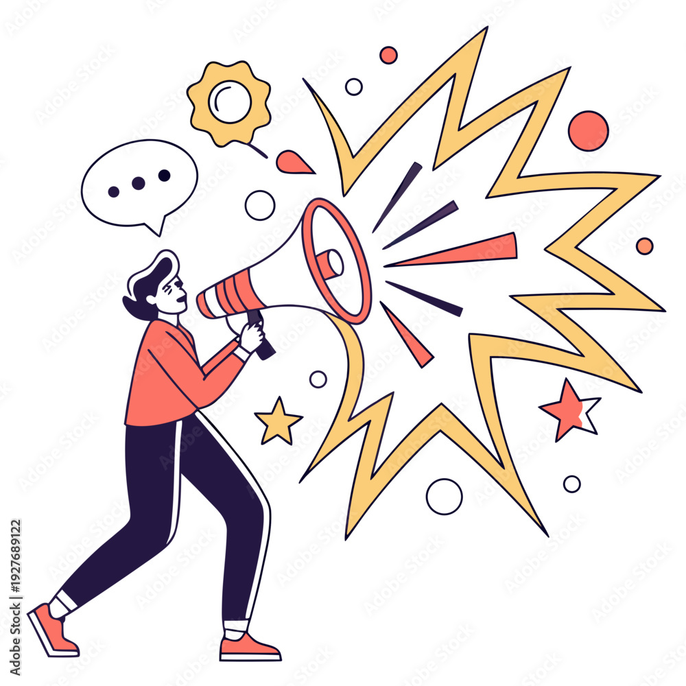 Fototapeta premium A cartoon person using a megaphone to make a loud announcement
