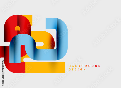 Abstract design features layered shapes, vibrant colors. Red, blue, yellow create modern visual impact. Minimalist style, clean background.