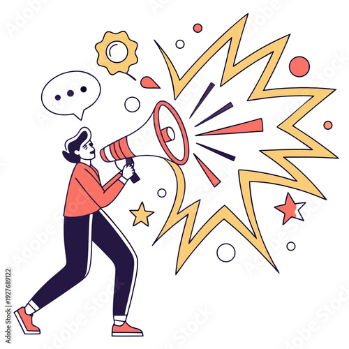 A cartoon person using a megaphone to make a loud announcement
