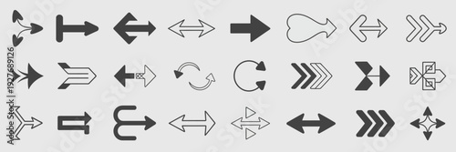 Collection of various directional and informational arrow symbols in black and white