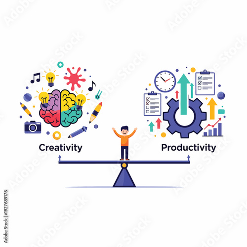 Man Balancing Creativity and Productivity on Scale.