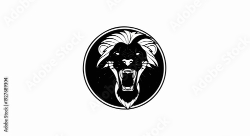 Fierce black and white lion face illustration within a circular frame