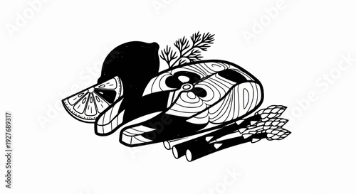 Hand-drawn illustration of salmon steak with lemon, dill, and asparagus