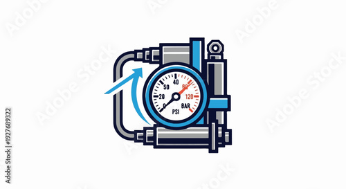 Industrial pressure gauge with blue arrow indicating flow and PSI/BAR readings