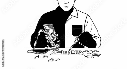 Person working on electronic components with multimeter and soldering iron