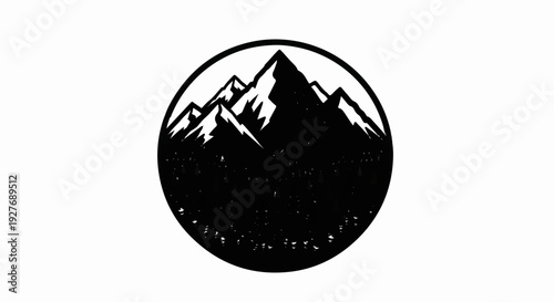 Stylized mountain range with evergreen trees, enclosed in a circle