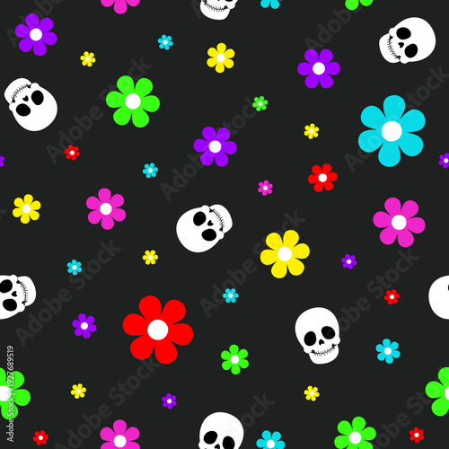 Seamless pattern kidcore skulls and goth rainbow flowers on black, vector eps 10